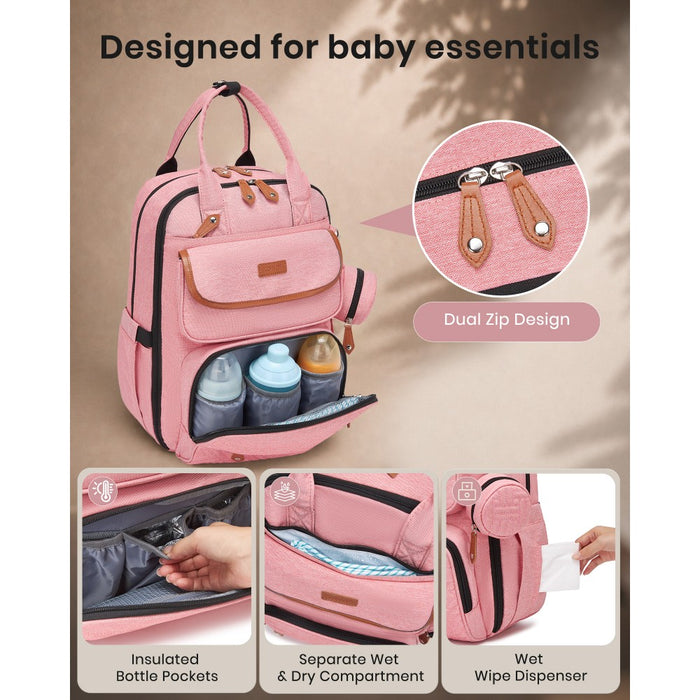 3-in-1 Mummy Nappy Backpack Set with Changing Mat and Insulated Pacifier Pouch – Pink