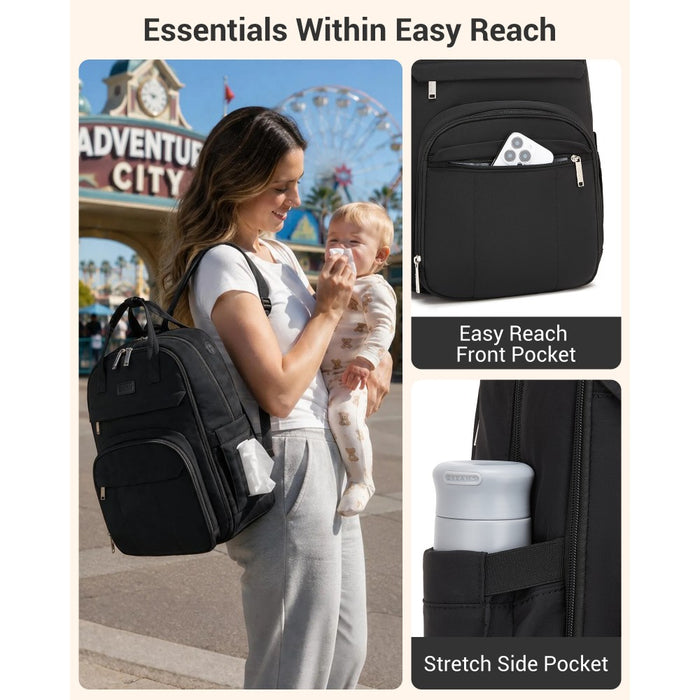 2-in-1 Nappy Changing Backpack Set, Large Nappy Bag with Changing Mat – Black