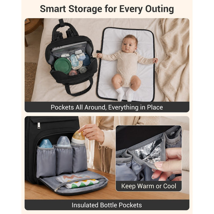 2-in-1 Nappy Changing Backpack Set, Large Nappy Bag with Changing Mat – Black