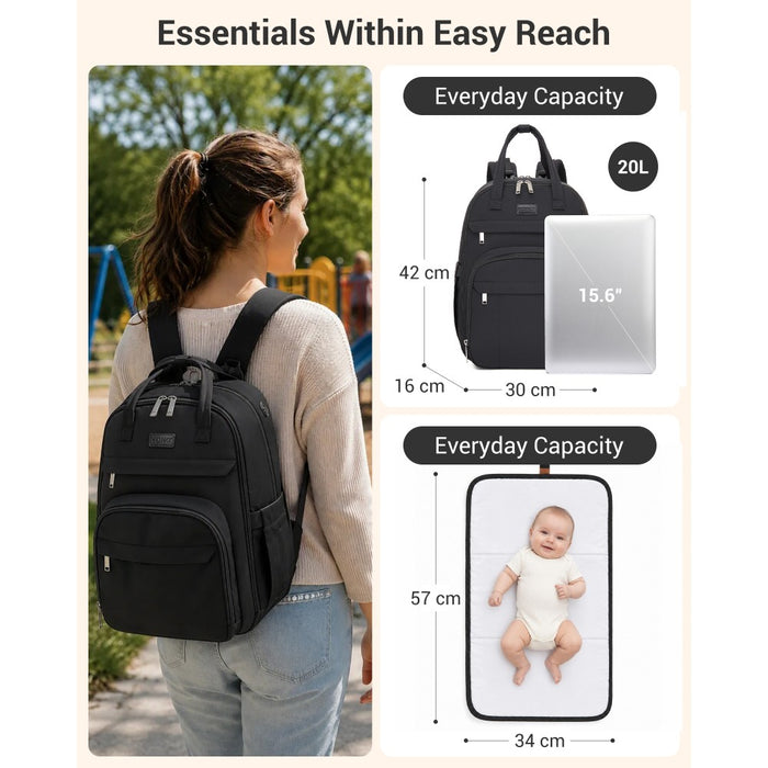 2-in-1 Nappy Changing Backpack Set, Large Nappy Bag with Changing Mat – Black