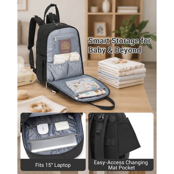 2-in-1 Nappy Changing Backpack Set, Large Nappy Bag with Changing Mat – Black