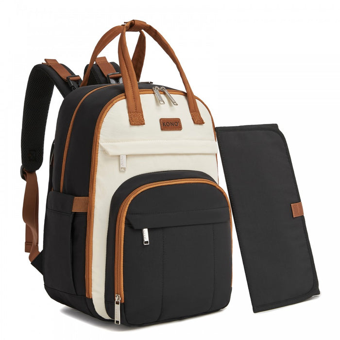 2-in-1 Nappy Changing Backpack Set, Large Nappy Bag with Changing Mat – Black and Beige