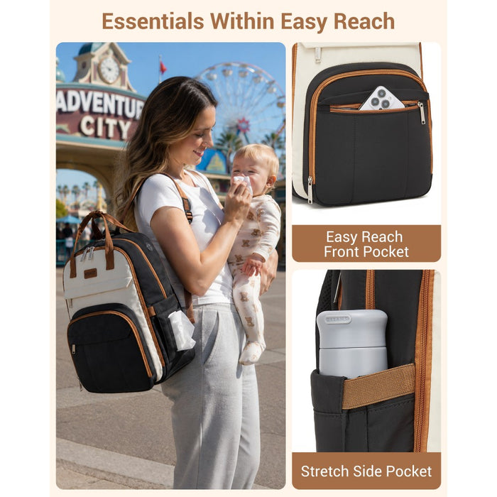 2-in-1 Nappy Changing Backpack Set, Large Nappy Bag with Changing Mat – Black and Beige