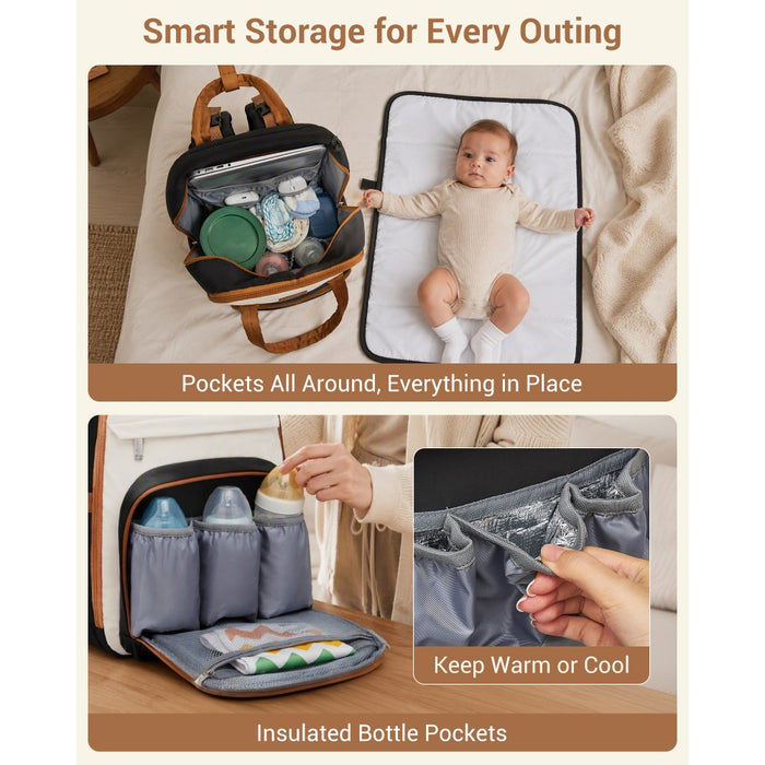 2-in-1 Nappy Changing Backpack Set, Large Nappy Bag with Changing Mat – Black and Beige