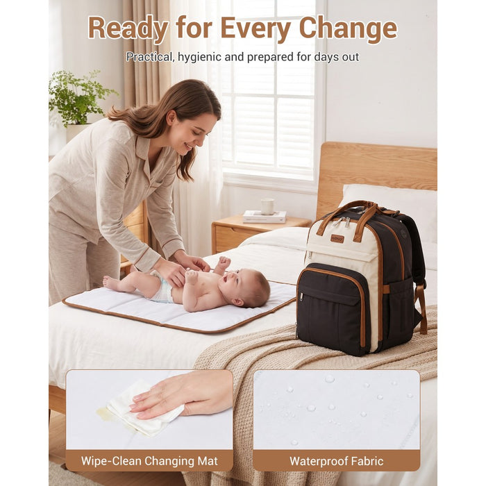 2-in-1 Nappy Changing Backpack Set, Large Nappy Bag with Changing Mat – Black and Beige