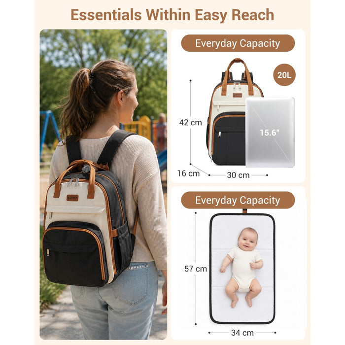2-in-1 Nappy Changing Backpack Set, Large Nappy Bag with Changing Mat – Black and Beige