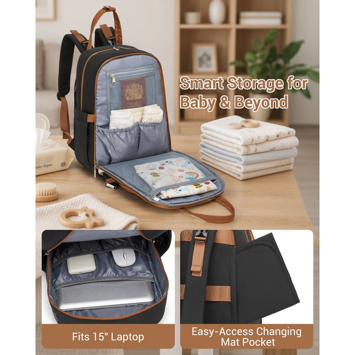 2-in-1 Nappy Changing Backpack Set, Large Nappy Bag with Changing Mat – Black and Beige