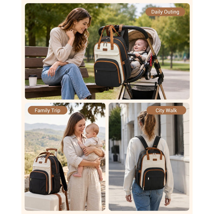 2-in-1 Nappy Changing Backpack Set, Large Nappy Bag with Changing Mat – Black and Beige