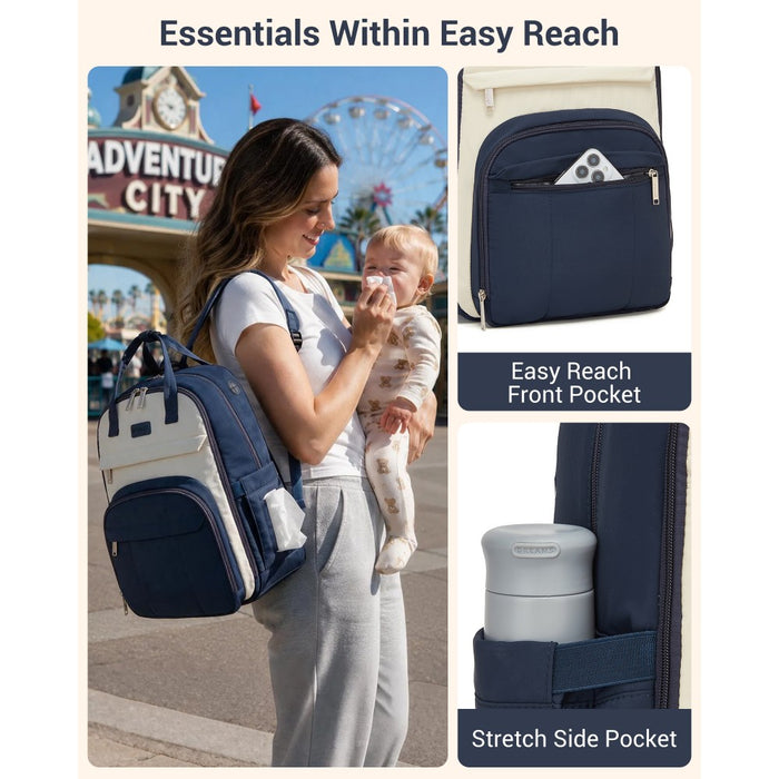 2-in-1 Nappy Changing Backpack Set, Large Nappy Bag with Changing Mat – Navy and Beige