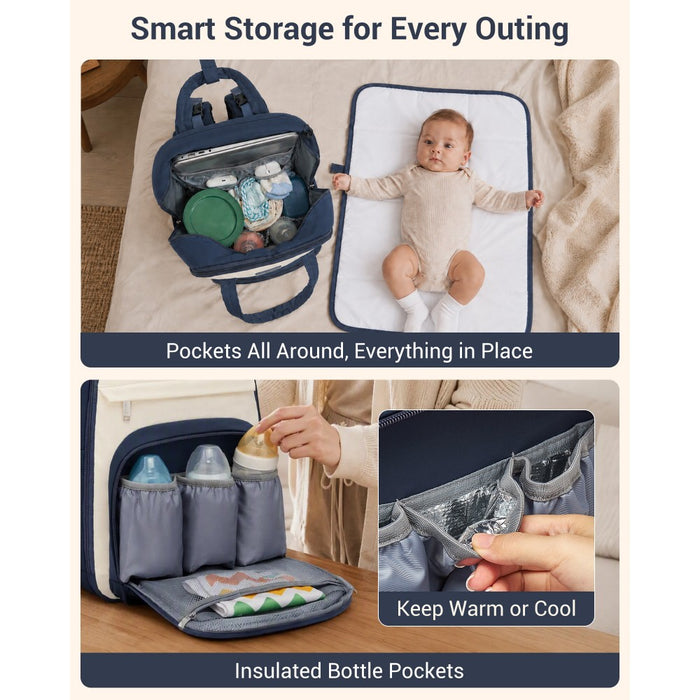 2-in-1 Nappy Changing Backpack Set, Large Nappy Bag with Changing Mat – Navy and Beige