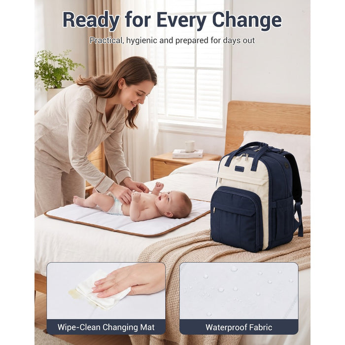2-in-1 Nappy Changing Backpack Set, Large Nappy Bag with Changing Mat – Navy and Beige