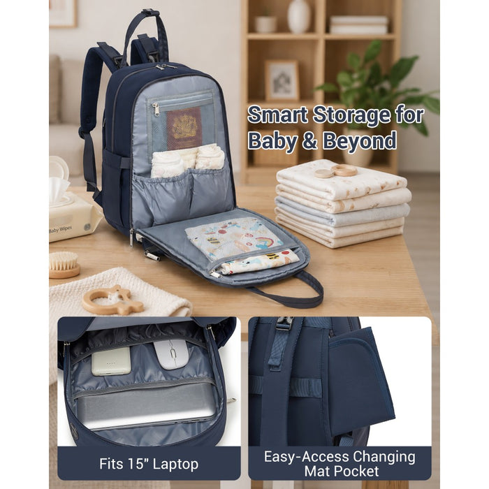 2-in-1 Nappy Changing Backpack Set, Large Nappy Bag with Changing Mat – Navy and Beige
