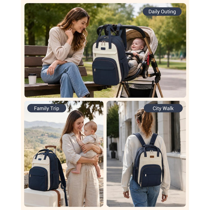 2-in-1 Nappy Changing Backpack Set, Large Nappy Bag with Changing Mat – Navy and Beige
