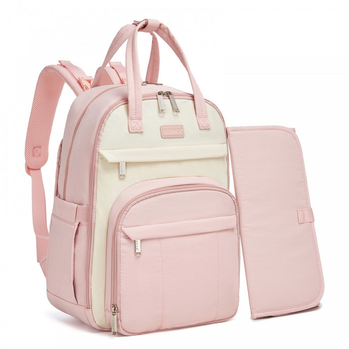 2-in-1 Nappy Changing Backpack Set, Large Nappy Bag with Changing Mat – Pink and Beige