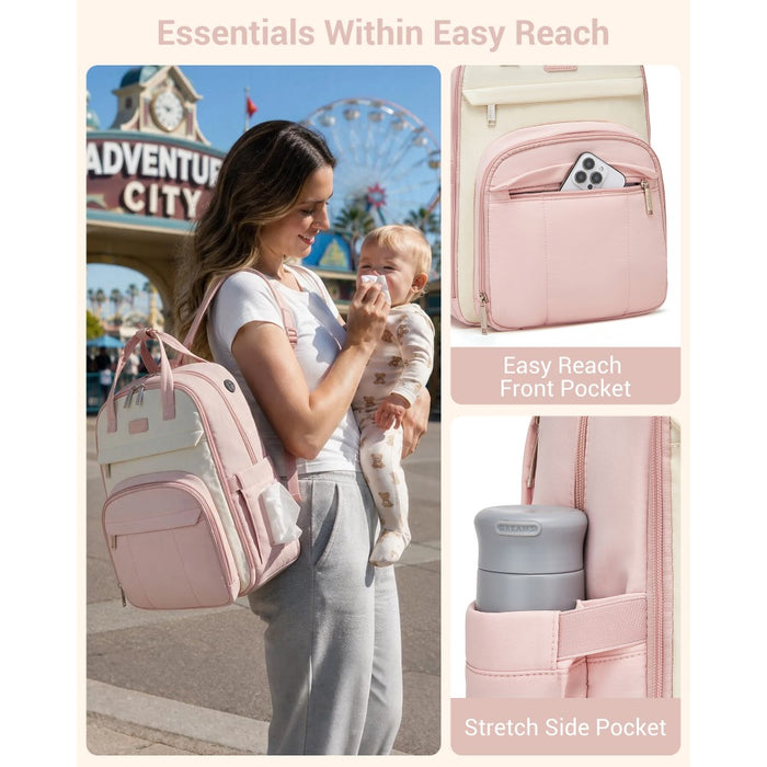 2-in-1 Nappy Changing Backpack Set, Large Nappy Bag with Changing Mat – Pink and Beige