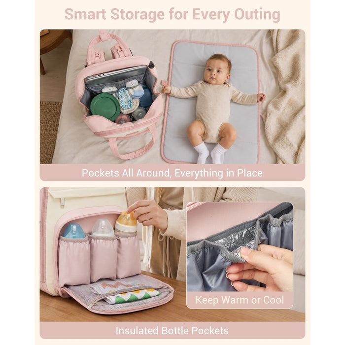 2-in-1 Nappy Changing Backpack Set, Large Nappy Bag with Changing Mat – Pink and Beige