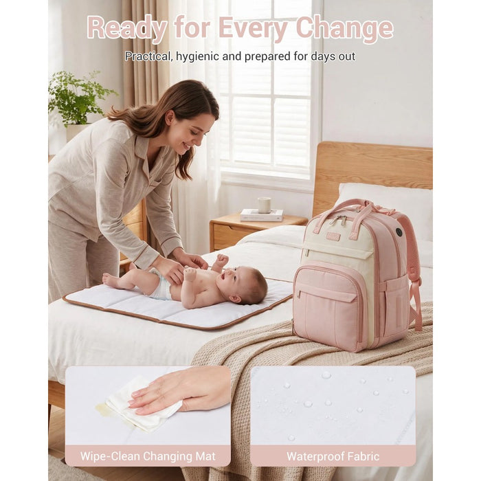 2-in-1 Nappy Changing Backpack Set, Large Nappy Bag with Changing Mat – Pink and Beige