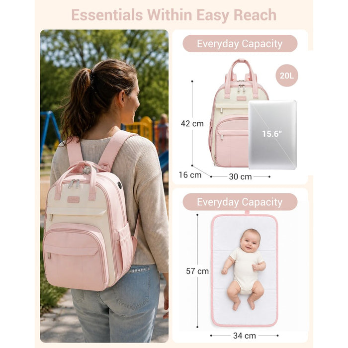 2-in-1 Nappy Changing Backpack Set, Large Nappy Bag with Changing Mat – Pink and Beige
