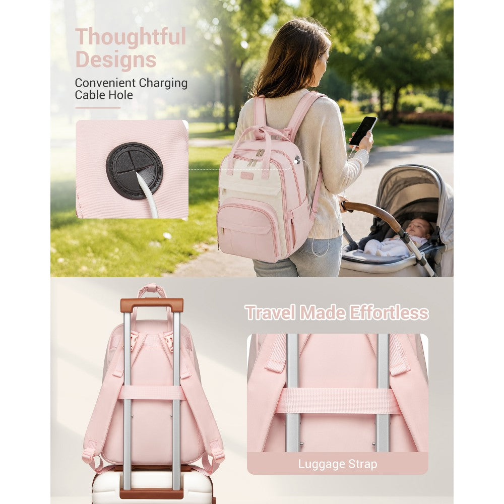 2-in-1 Nappy Changing Backpack Set, Large Nappy Bag with Changing Mat – Pink and Beige