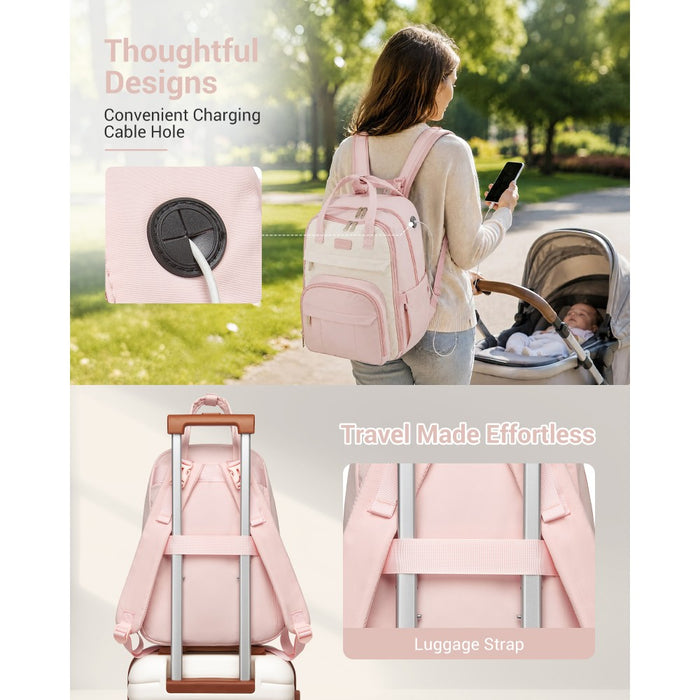 2-in-1 Nappy Changing Backpack Set, Large Nappy Bag with Changing Mat – Pink and Beige