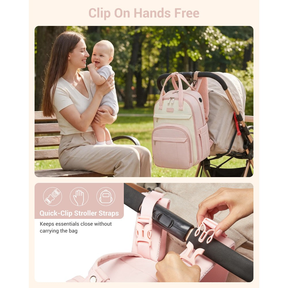 2-in-1 Nappy Changing Backpack Set, Large Nappy Bag with Changing Mat – Pink and Beige