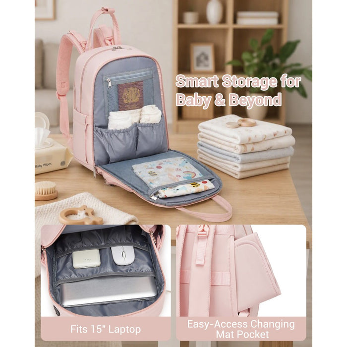 2-in-1 Nappy Changing Backpack Set, Large Nappy Bag with Changing Mat – Pink and Beige