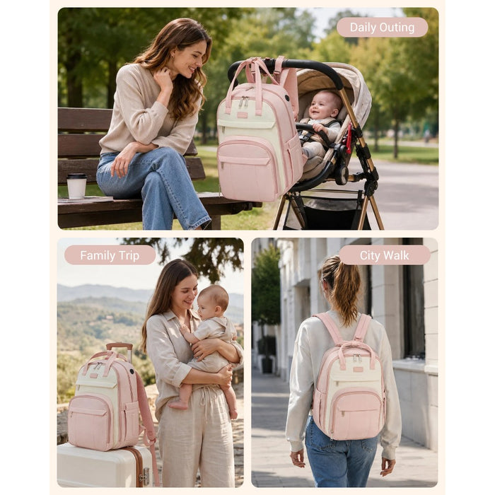 2-in-1 Nappy Changing Backpack Set, Large Nappy Bag with Changing Mat – Pink and Beige
