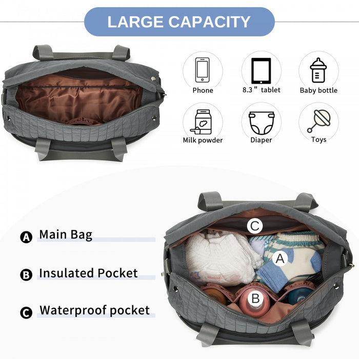 Maternity Nappy Bag with Insulated Baby Bottle Pockets, Wet/Dry Separation and Stroller Strap – Grey