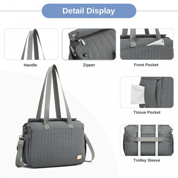 Maternity Nappy Bag with Insulated Baby Bottle Pockets, Wet/Dry Separation and Stroller Strap – Grey