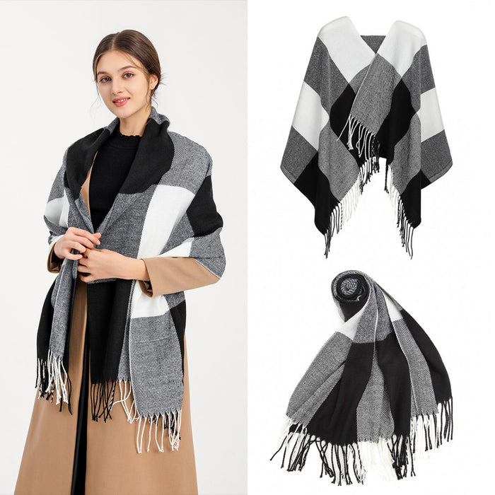 Women Fashion Long Shawl Grid Tassel Winter Warm Lattice Large Scarf – Black