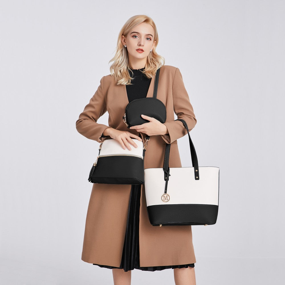 3-Piece PU Leather Tote Bag Set – Black and Beige