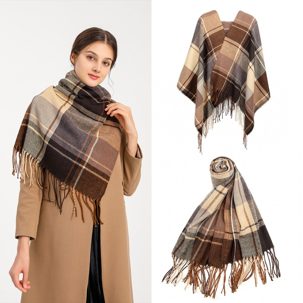 Women Fashion Long Shawl Grid Tassel Winter Warm Lattice Large Scarf – Brown