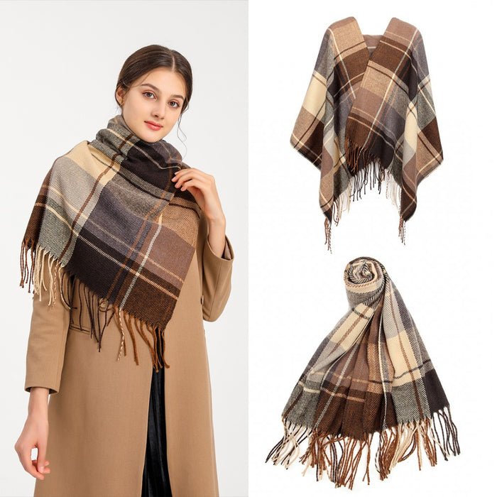 Women Fashion Long Shawl Grid Tassel Winter Warm Lattice Large Scarf – Brown
