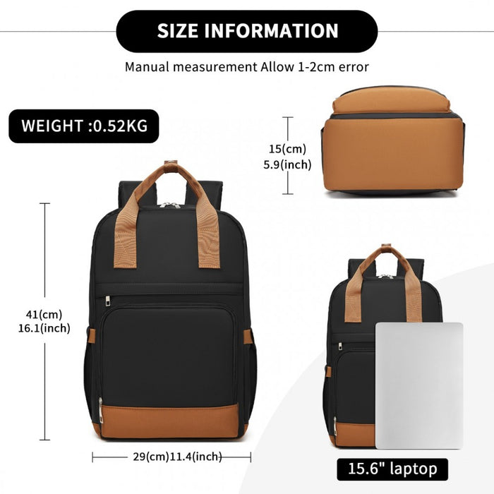 Casual Contemporary Backpack with Laptop Sleeve and Padded Straps – Black and Brown