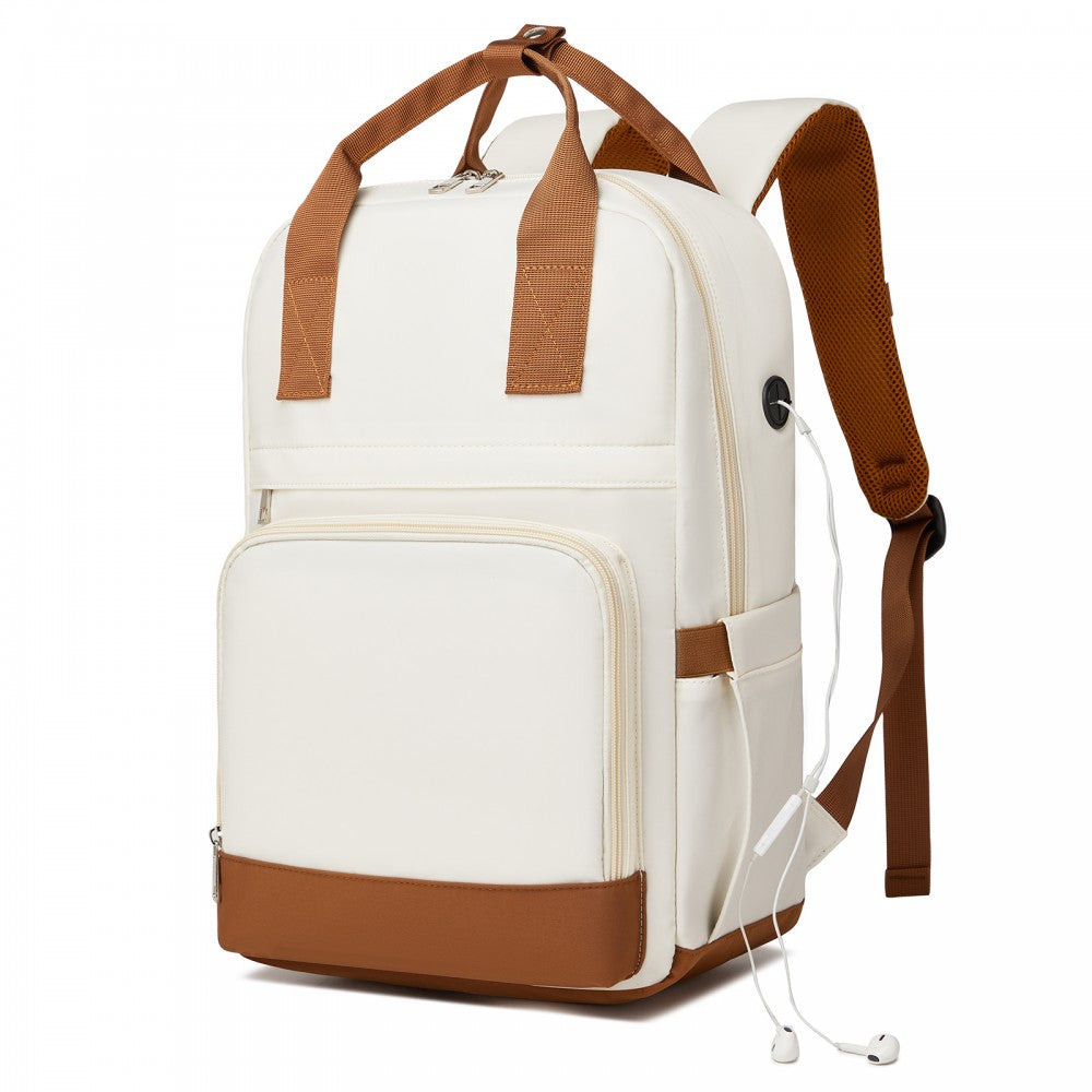 Casual Contemporary Backpack with Laptop Sleeve and Padded Straps – Cream and Brown