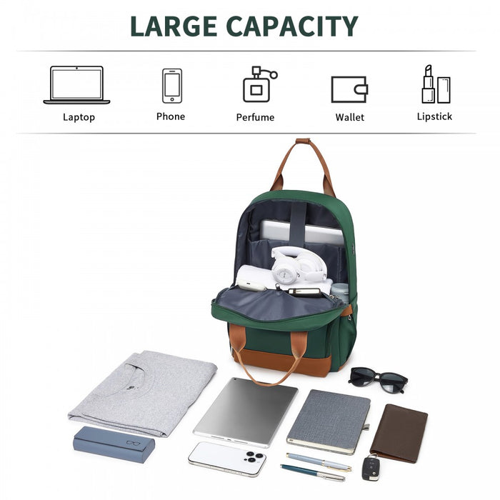 Casual Contemporary Backpack with Laptop Sleeve and Padded Straps – Green and Brown