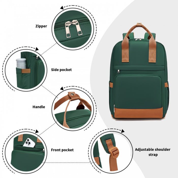 Casual Contemporary Backpack with Laptop Sleeve and Padded Straps – Green and Brown