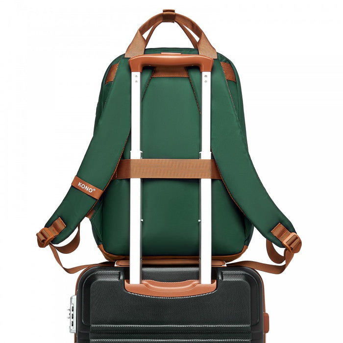 Casual Contemporary Backpack with Laptop Sleeve and Padded Straps – Green and Brown