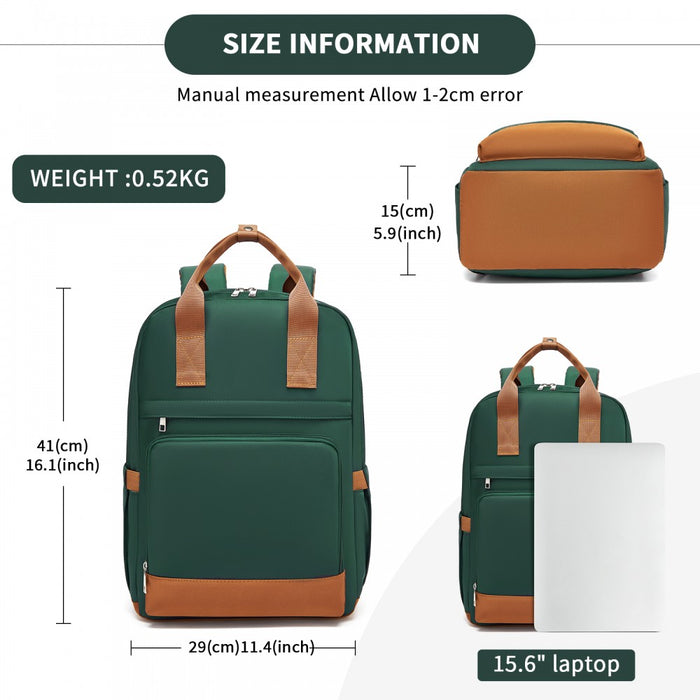 Casual Contemporary Backpack with Laptop Sleeve and Padded Straps – Green and Brown