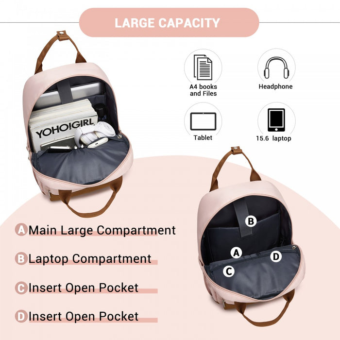 Casual Contemporary Backpack with Laptop Sleeve and Padded Straps – Pink and Brown