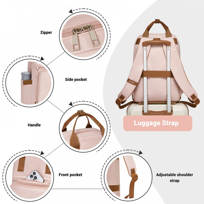 Casual Contemporary Backpack with Laptop Sleeve and Padded Straps – Pink and Brown