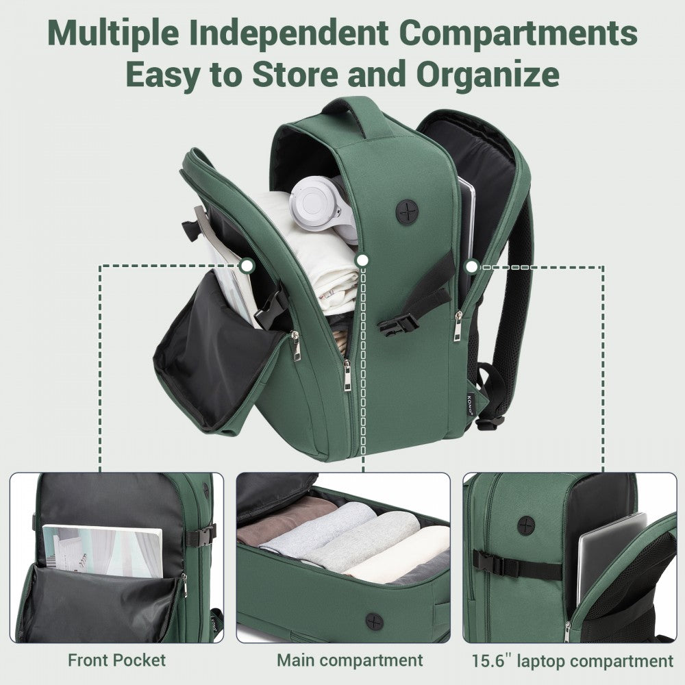 Organised Personal-Item Backpack with 15.6-Inch Laptop Sleeve, Clamshell Main – Green