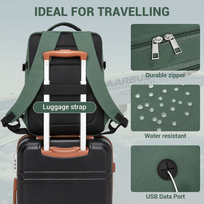 Organised Personal-Item Backpack with 15.6-Inch Laptop Sleeve, Clamshell Main – Green