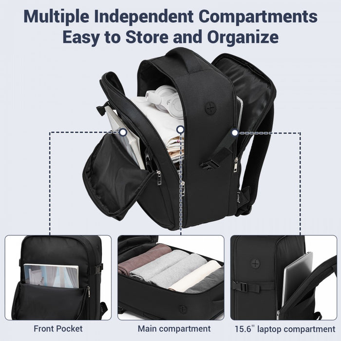 Organised Personal-Item Backpack with 15.6-Inch Laptop Sleeve, Clamshell Main – Black