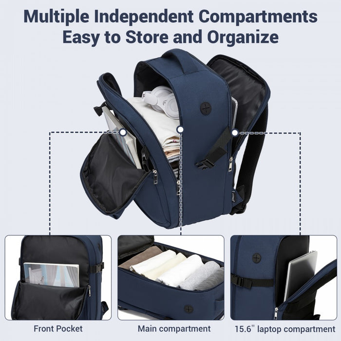 Organised Personal-Item Backpack with 15.6-Inch Laptop Sleeve, Clamshell Main – Navy