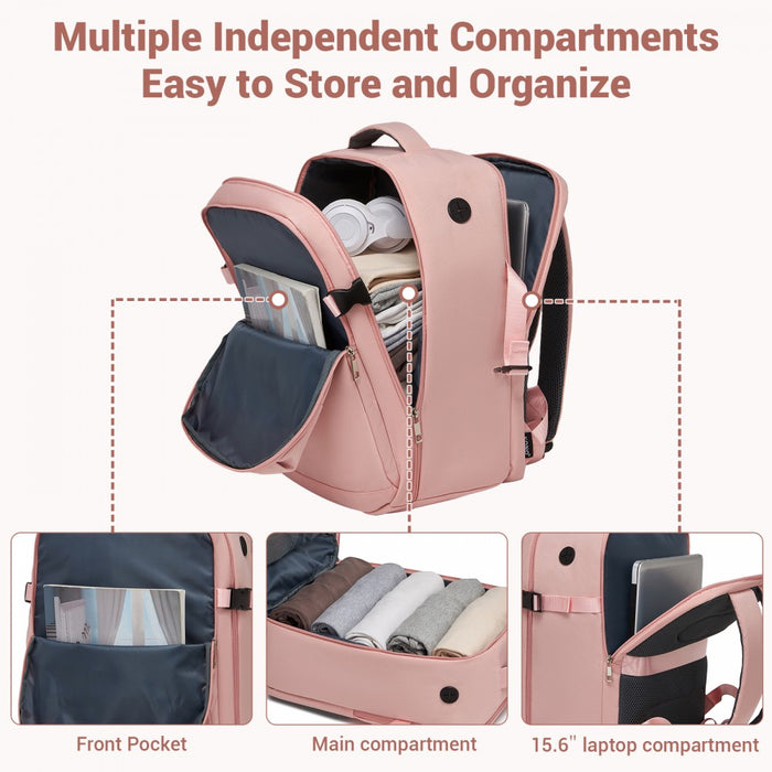 Organised Personal-Item Backpack with 15.6-Inch Laptop Sleeve, Clamshell Main – Pink