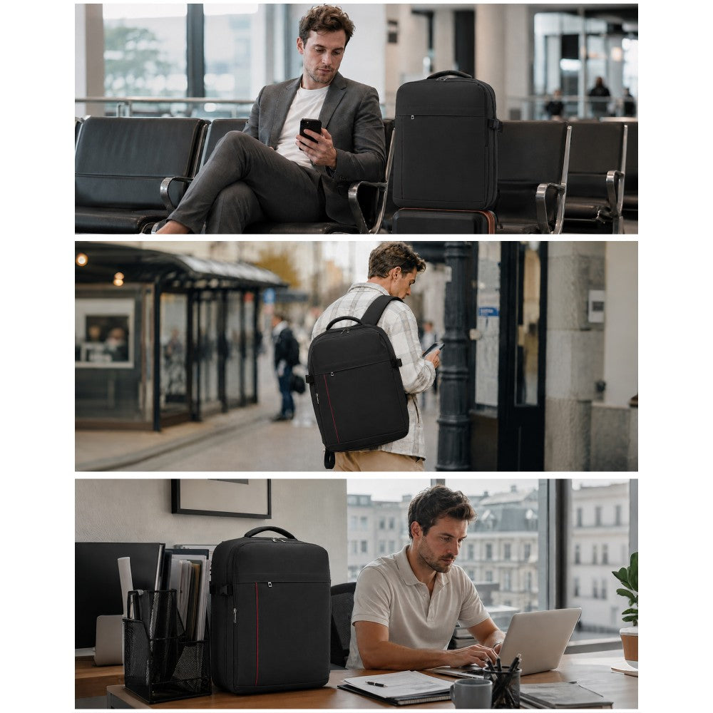 BPK2524L- Kono 32L Upgraded Large Cabin Backpack, 17.3 Inch Laptop Rucksack with Breathable Pressure-Relief Straps & Luggage Trolley Strap for Business Travel - Black
