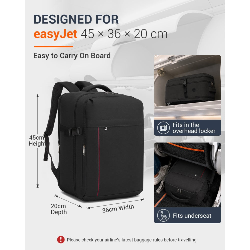 BPK2524L- Kono 32L Upgraded Large Cabin Backpack, 17.3 Inch Laptop Rucksack with Breathable Pressure-Relief Straps & Luggage Trolley Strap for Business Travel - Black