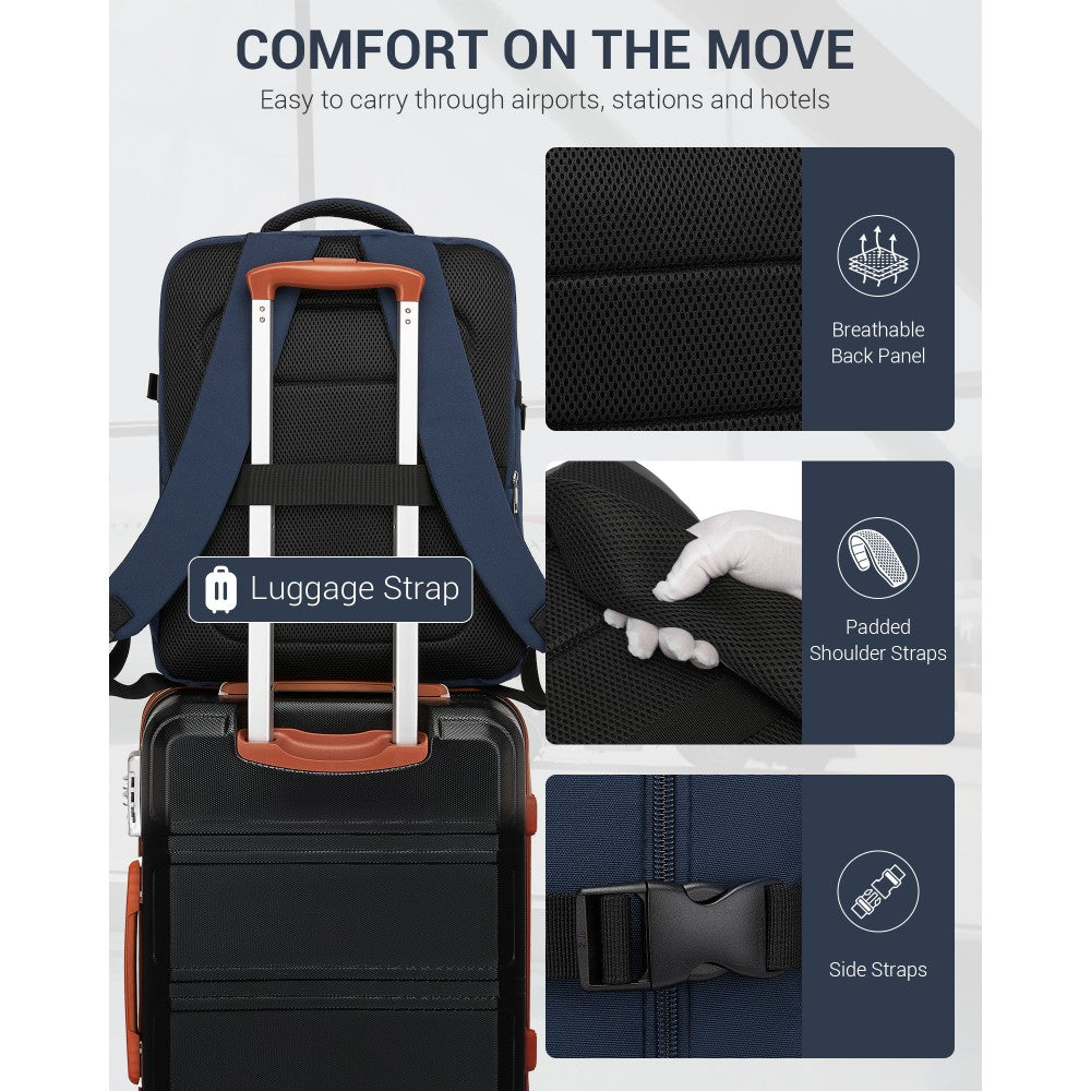 BPK2524L- Kono 32L Upgraded Large Cabin Backpack, 17.3 Inch Laptop Rucksack with Breathable Pressure-Relief Straps & Luggage Trolley Strap for Business Travel - Navy