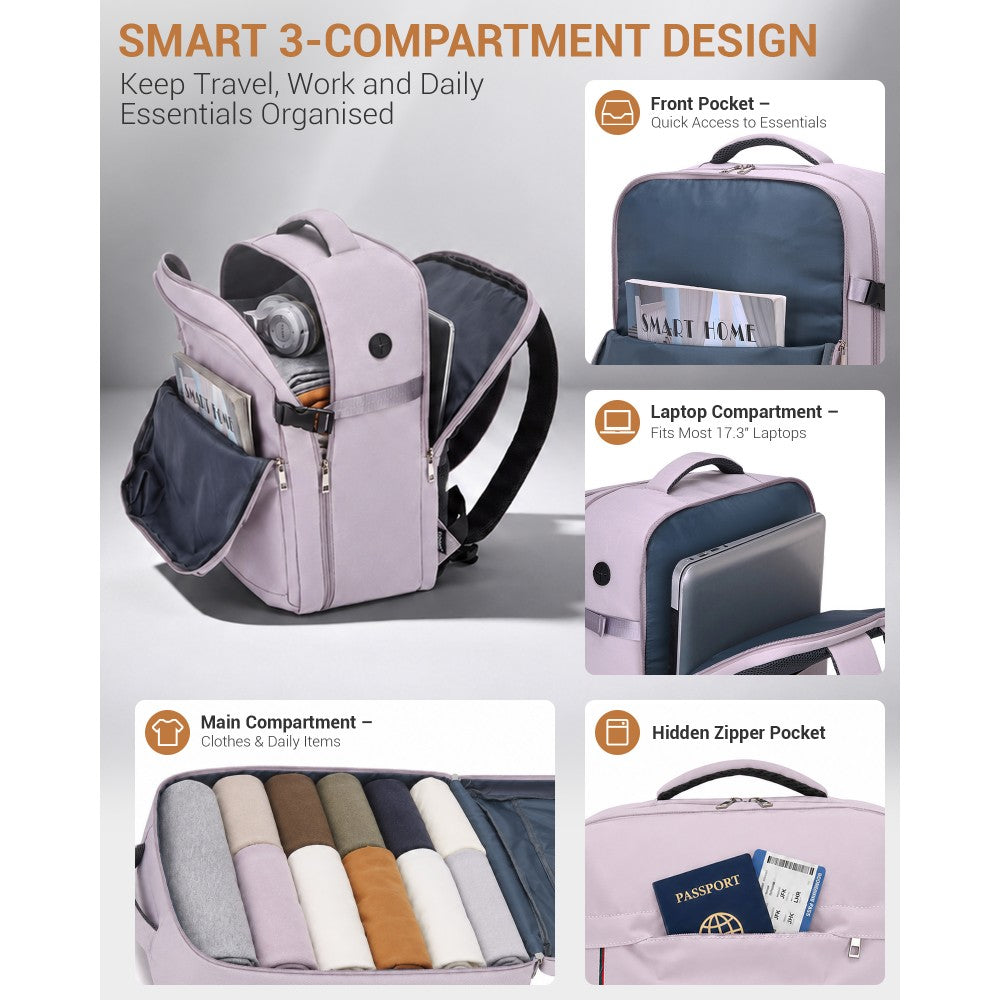 BPK2524L- Kono 32L Upgraded Large Cabin Backpack, 17.3 Inch Laptop Rucksack with Breathable Pressure-Relief Straps & Luggage Trolley Strap for Business Travel - Purple